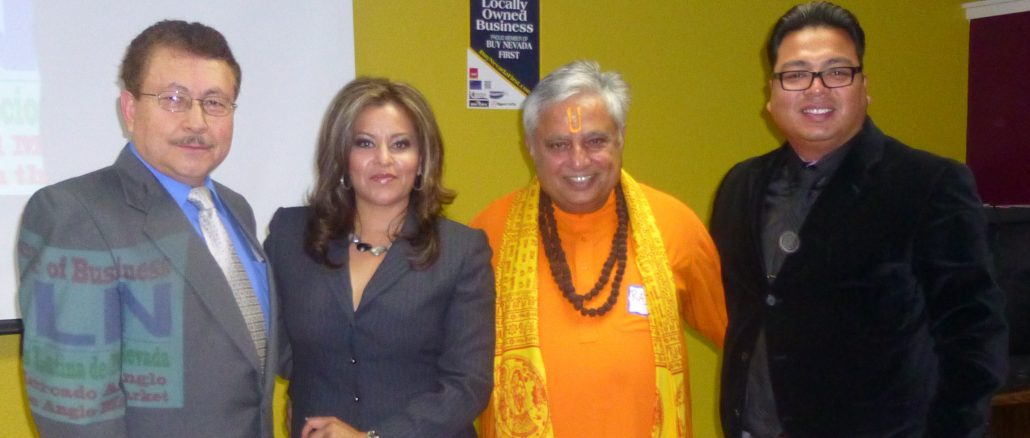 At the Ribbon Cutting ceremony of Nevada Latin Chamber of Business, from left to right, are: President of Nevada Latin Chamber of Business Andres Gonzalez, Univision Nevada newsreporter Laura Calzada, Hindu statesman Rajan Zed and Chamber Co-founder Carlos Garcia.